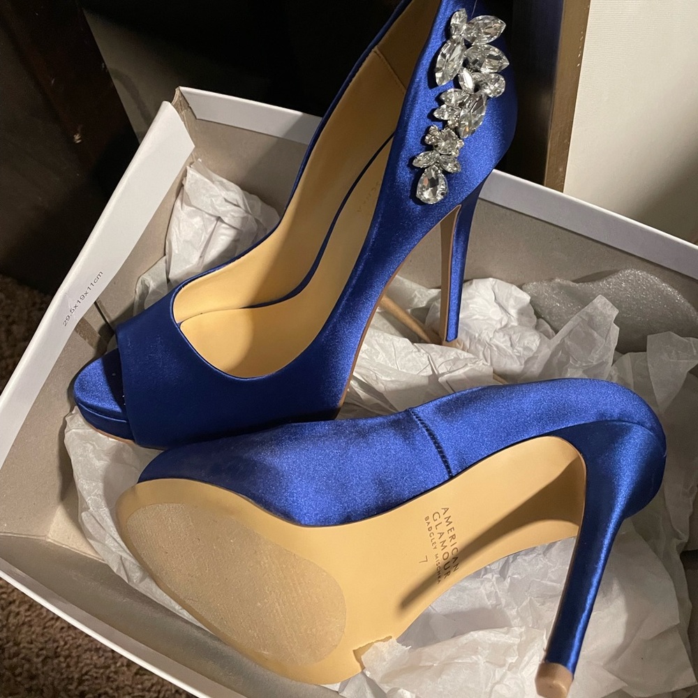 Badgley Mischka blue satin heels with crystal embellishments